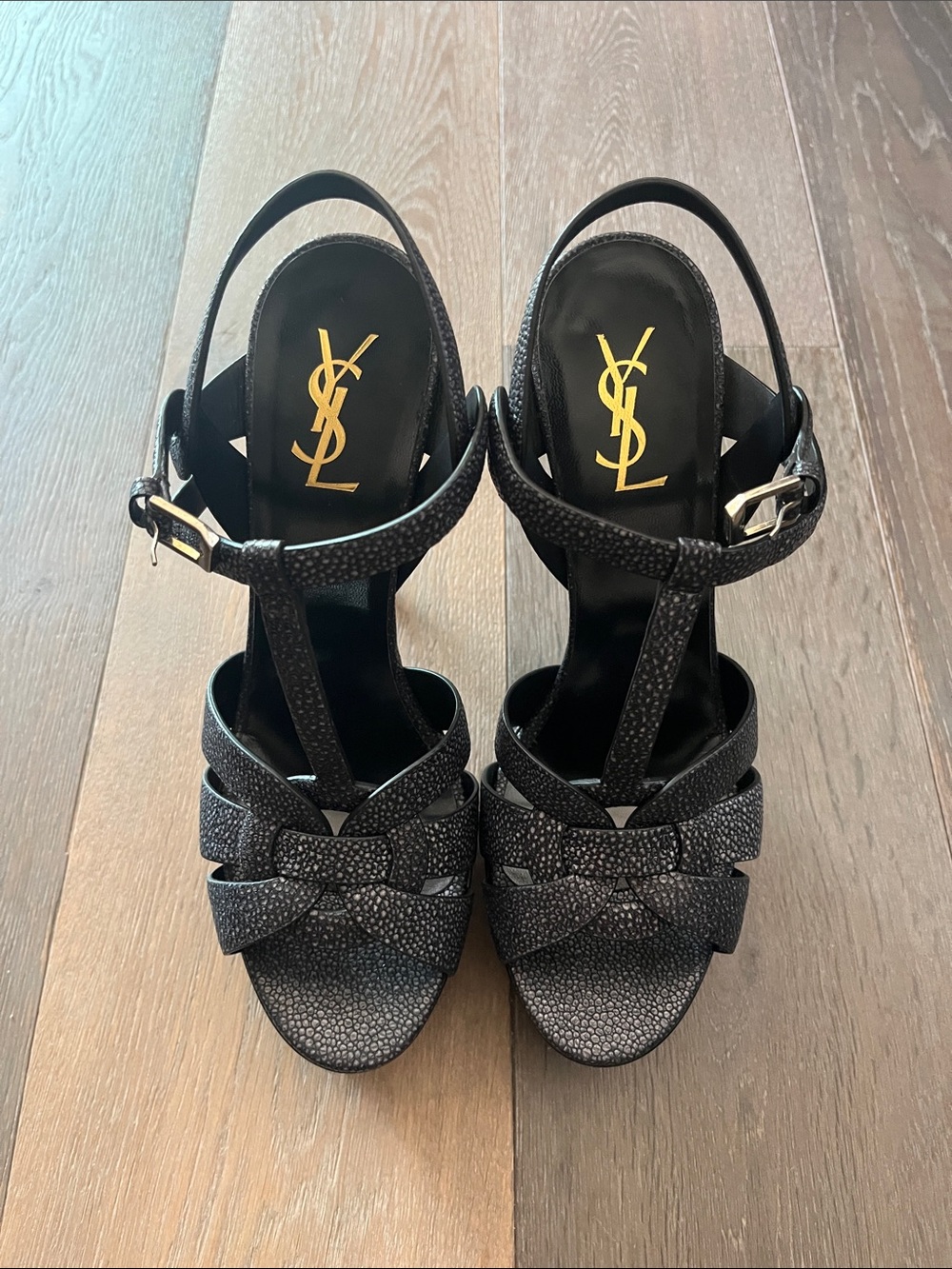 NEW Stingray Saint Laurent Black Textured T-Strap High Heel Sandals